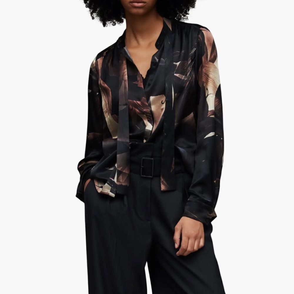 All Saints Black Satin Abstract Floral Tie-Neck Blouse with Bronze Accents - Picture 9 of 16